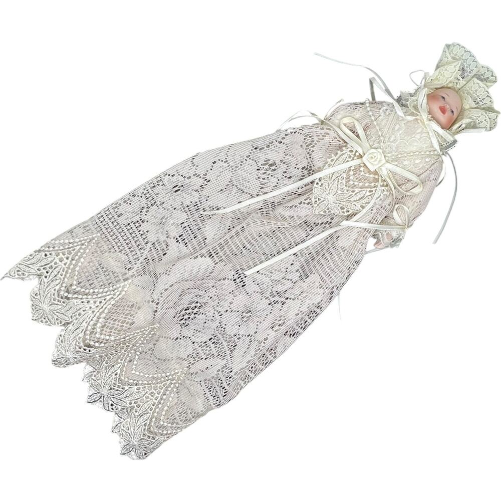 Vintage Porcelain Baby Doll in Ivory Lace Christening Gown